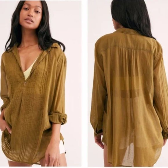 Free People Tops - Free People Waverly cotton olive green tunic oversized top M